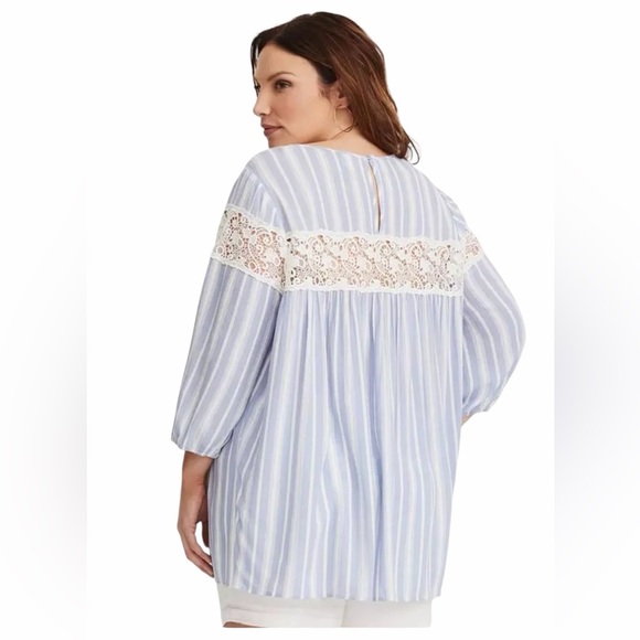 Torrid Womens Blue & White Stripe Gauze Blouse Size 3 Crochet Trim 3/4 Sleeves - Picture 3 of 8